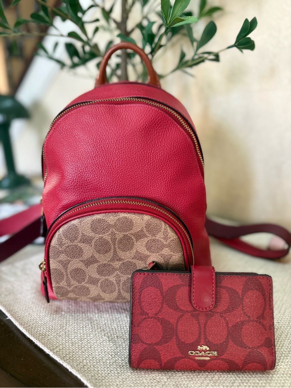 Coach Red Leather and Signature Canvas Mini Backpack with Red Signature Wallet